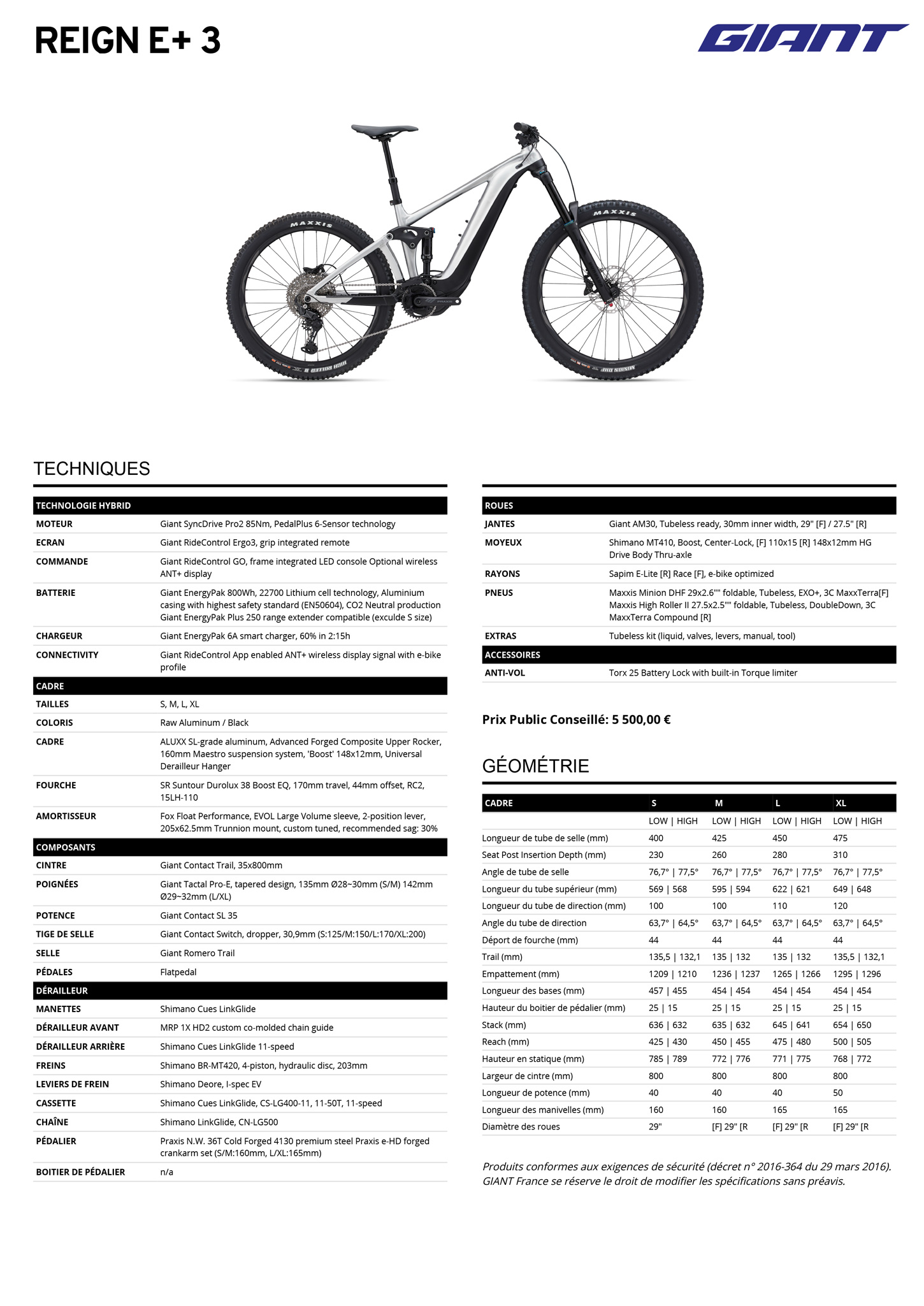 Fiche technique du velo électrique Reign E+ 3  année 2024